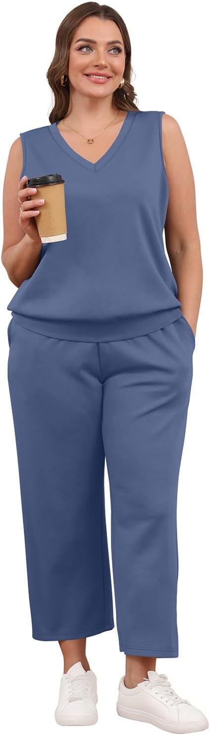 Detalle 2 de WIHOLL Two Piece Set for Women: Summer Lounge Set with V Neck Top and Wide-Leg Cropped Pants