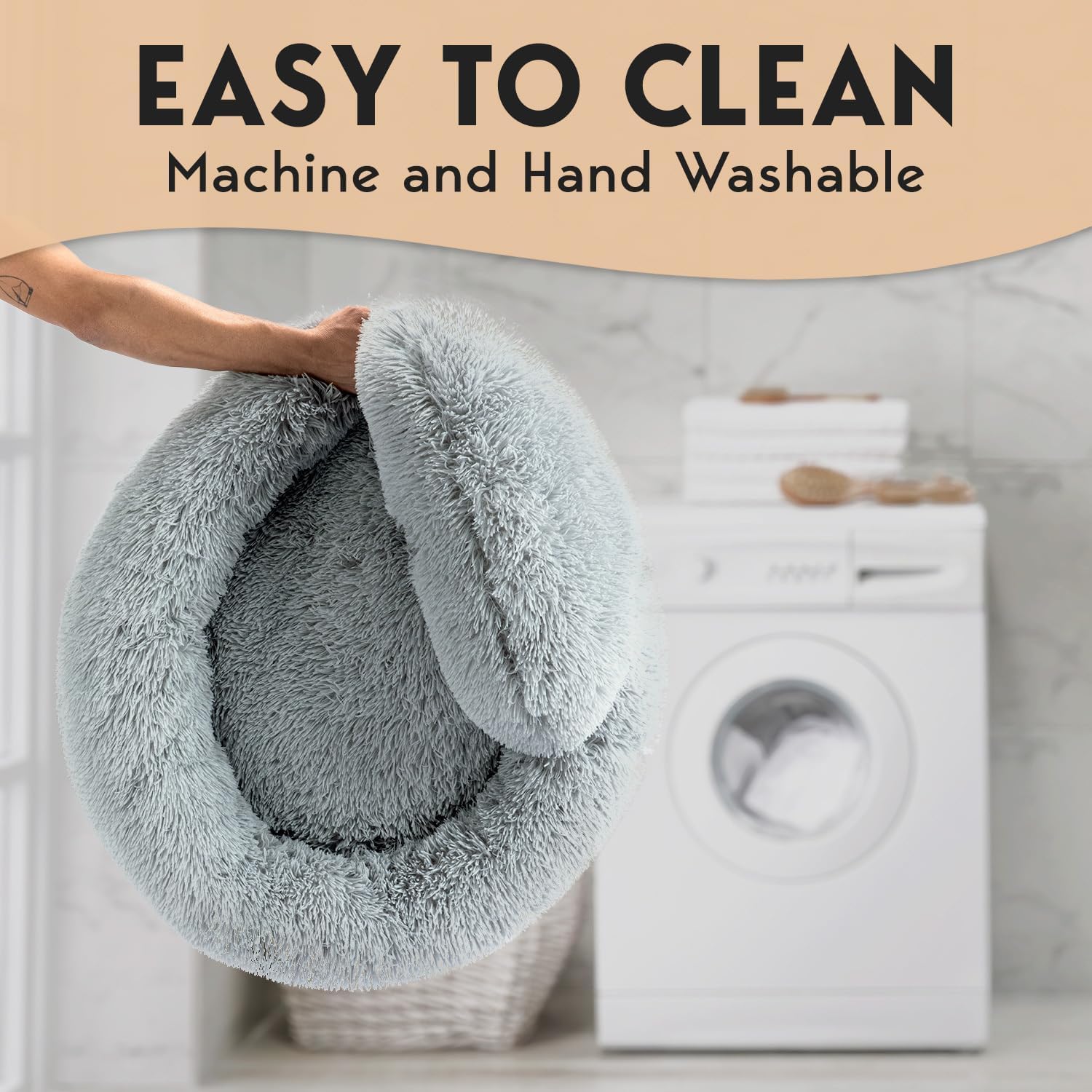 Thumbnail 6 de PetJett Small Dog Bed (23-inch Round) – Anti-Slip, Washable Donut Calming Puppy Bed in Bright Gray