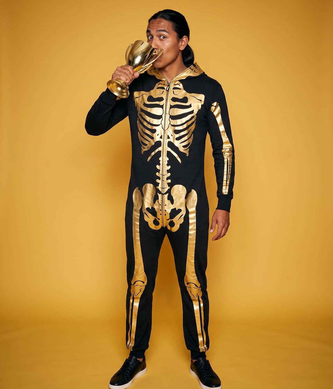 Thumbnail 1 de Tipsy Elves TE-JMP43 Men's Hooded Skeleton Costume Jumpsuit, Metallic Gold Print