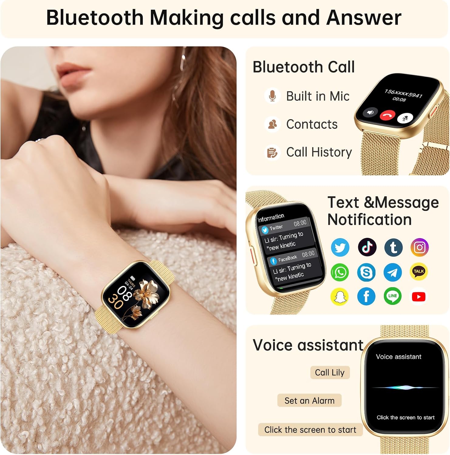 Detalle de Taopodo P114 Damen-Smartwatch mit Telefonfunktion – 1,85" Display, 120+ Sportmodi, IP68 & Gesundheitsfunktionen