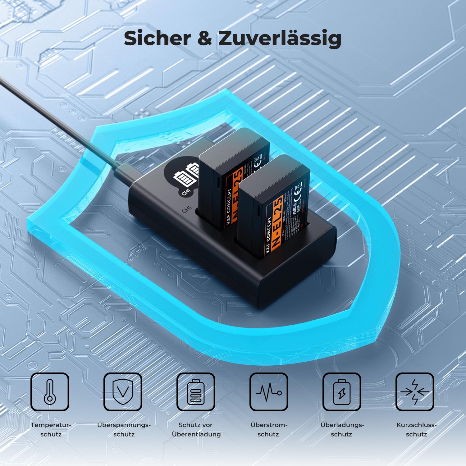 Detalle 1 de K&F CONCEPT EN-EL25 2er-Ersatzakku-Set inkl. Dual-Slot-Ladegerät mit LCD für Nikon Z30, Z50, ZFC & Z50ii