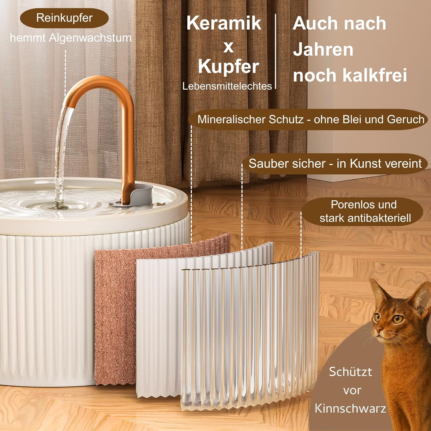 Detalle de Keramik Katzenbrunnen 2,1 l mit Kupferrohr
