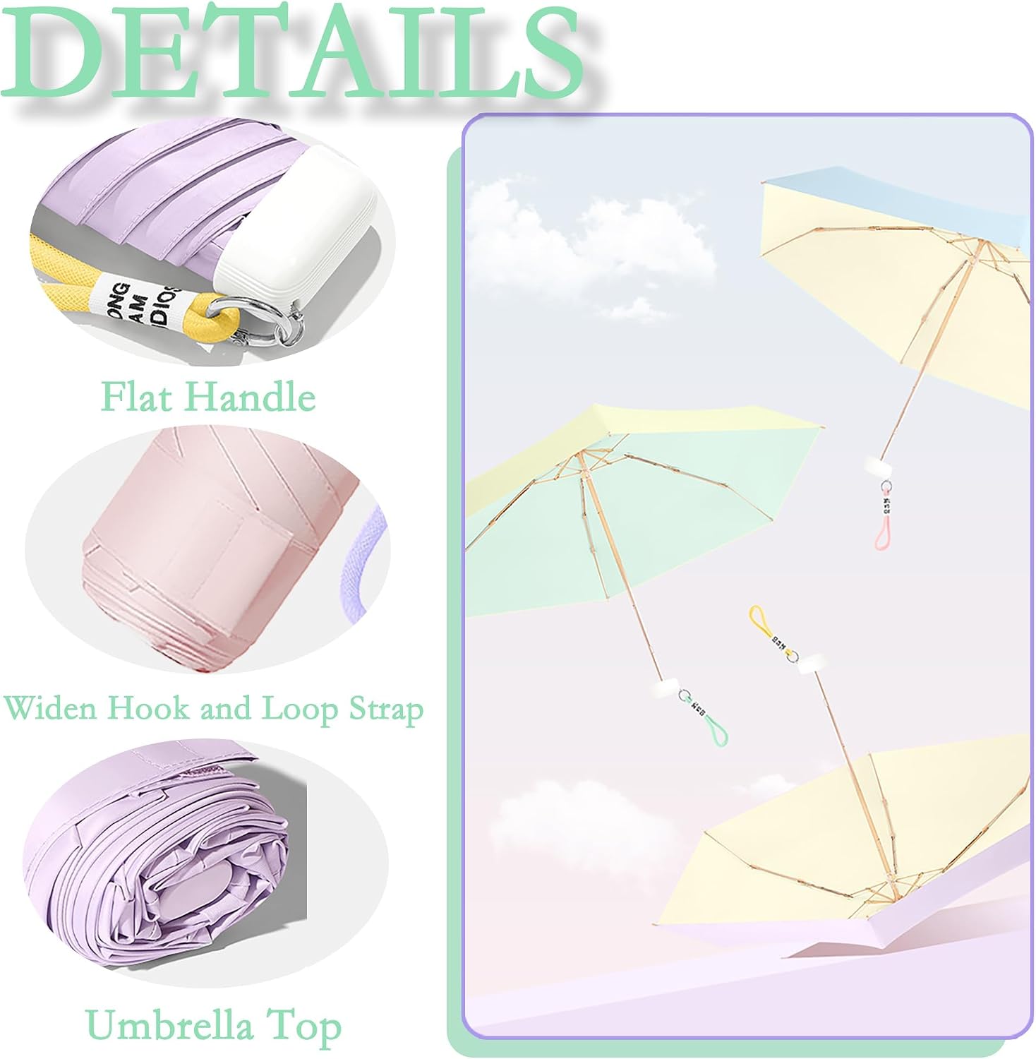 Thumbnail 2 de Macaron Style Mini Folding Travel Umbrella with Braided Lanyard Keychain and Flat Handle
