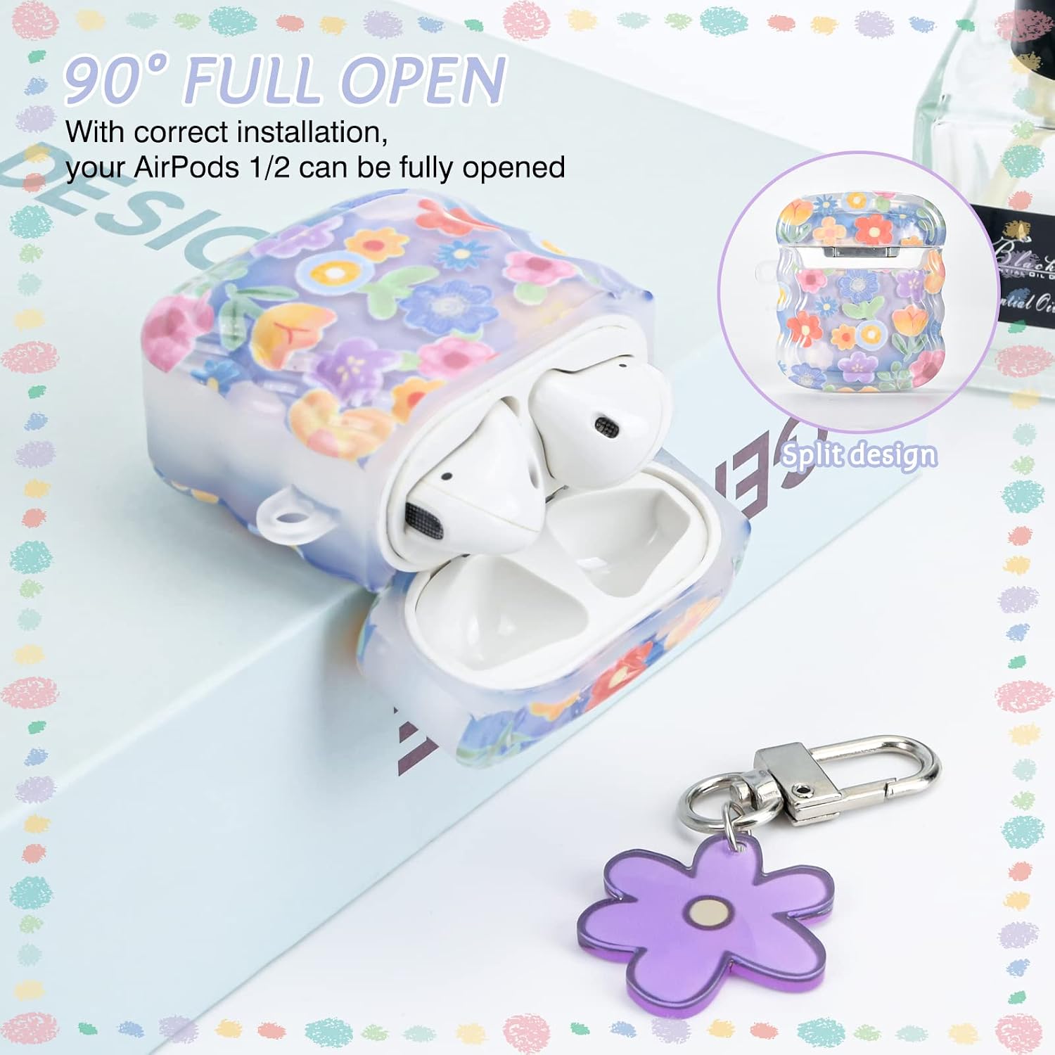 Thumbnail 3 de Newseego AirPods 1/2 Case Cover with Flower Pattern – Soft TPU, Shockproof Protection + Keychain