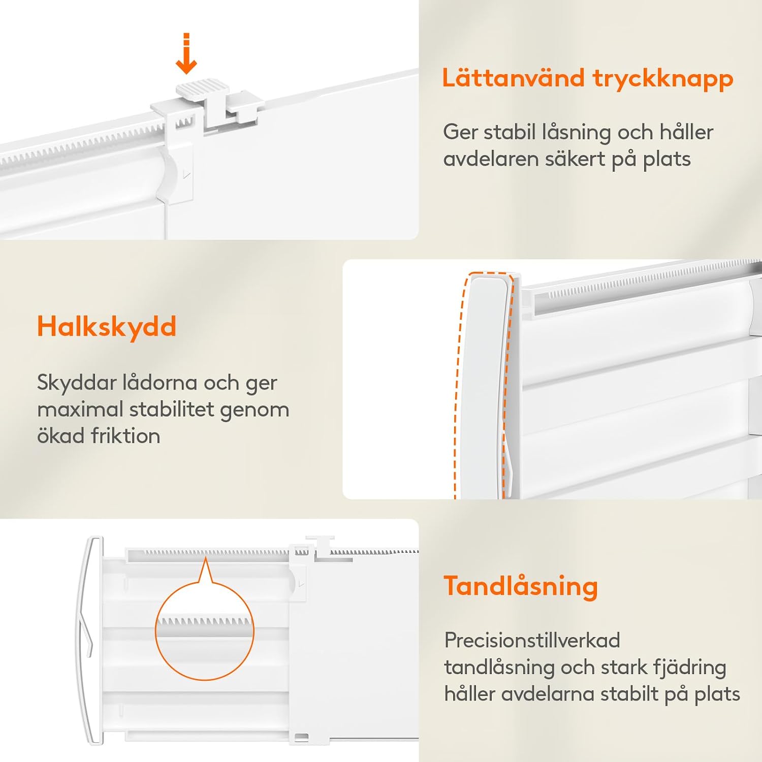 Detalle 2 de Lifewit 25055 justerbara lådavdelare, 4-pack, vita, 29,5–47 cm