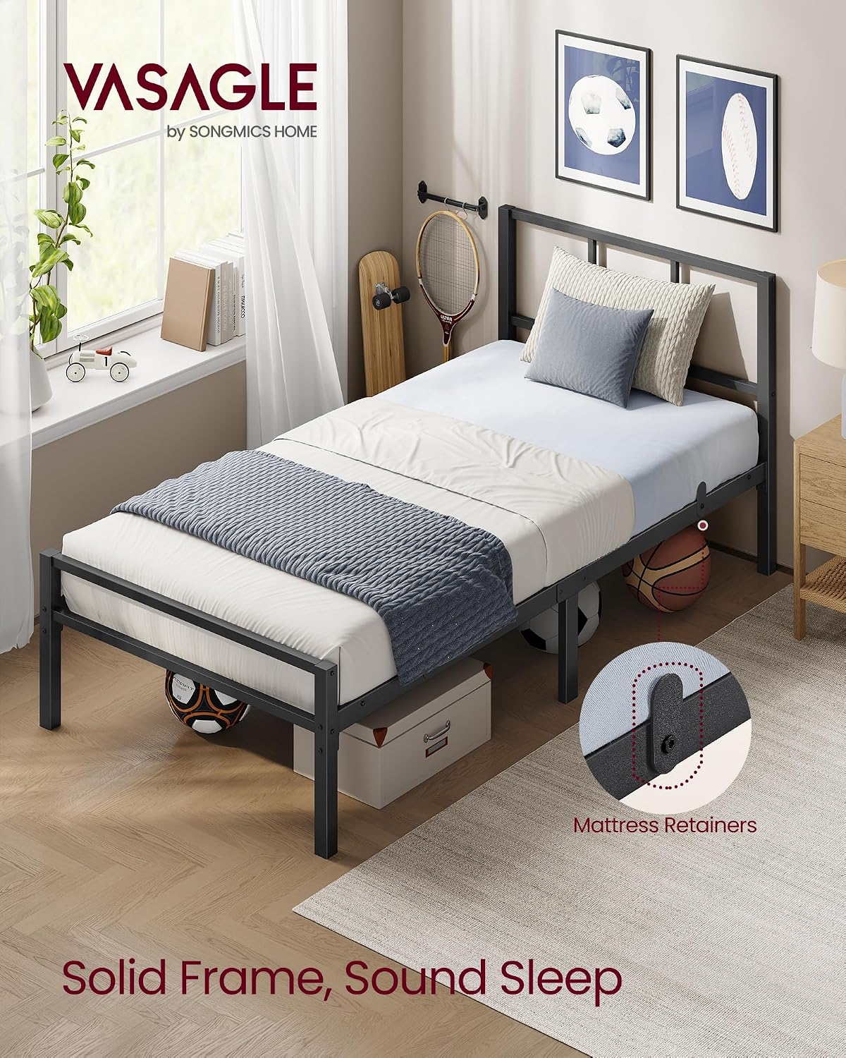 Detalle de VASAGLE Single Bed Frame 90 x 190 cm with Slats and Headboard – Ink Black RMB291B101