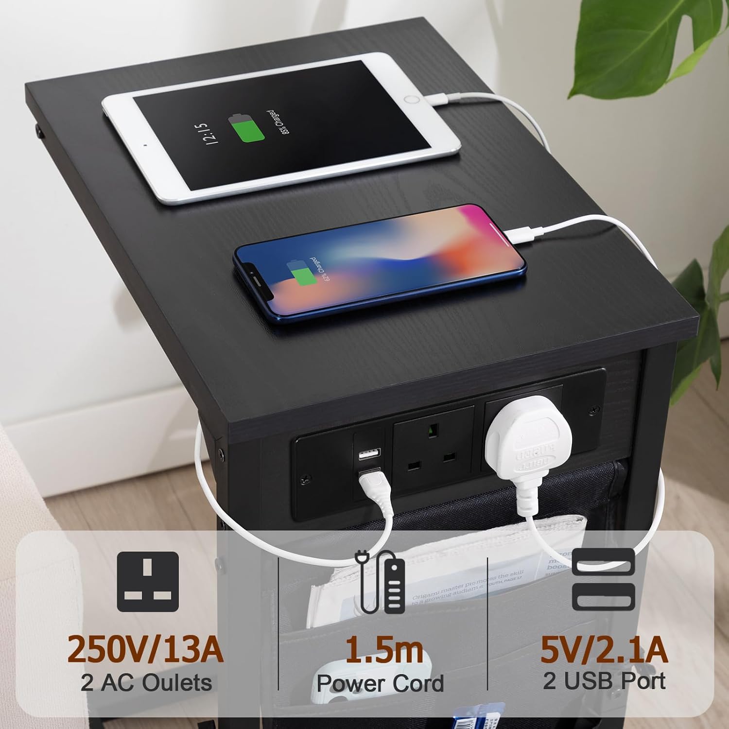 Detalle de AMHANCIBLE C-Shaped Side Table with Charging Station (set of 2) – 2 USB & AC outlets, storage pockets HET04CBK