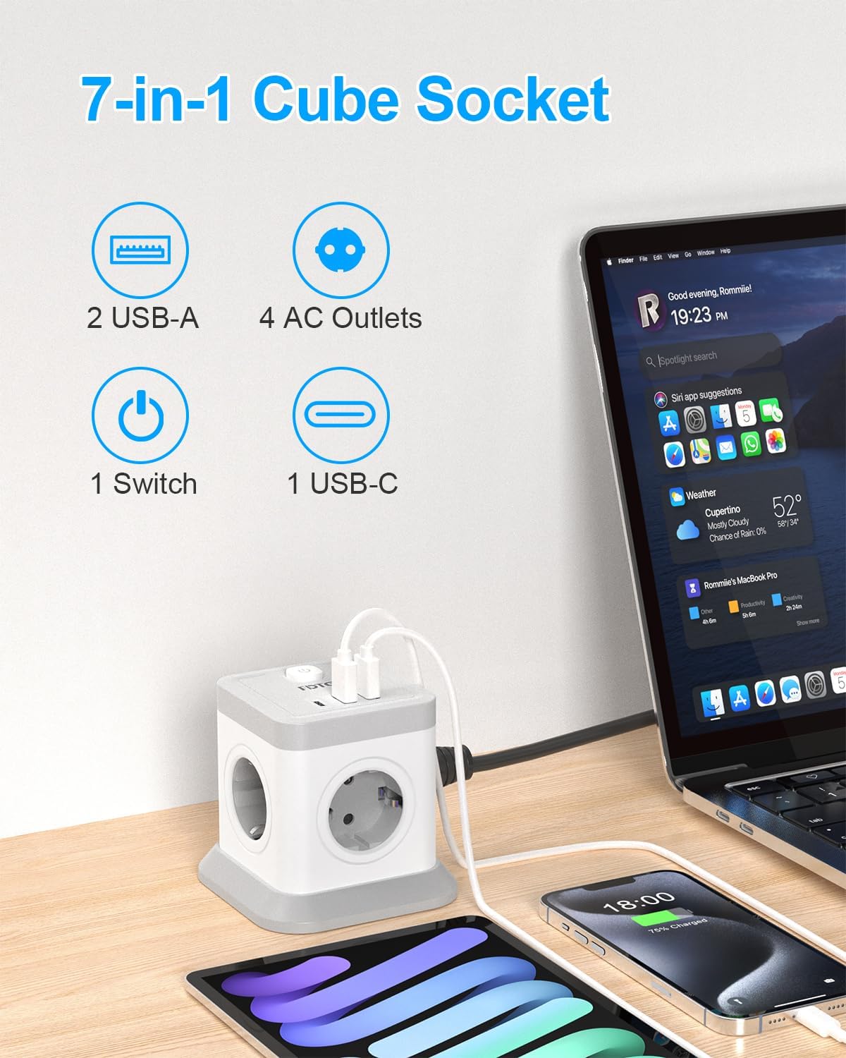 Detalle de FDTEK kubformat grenuttag med USB-C, fyra uttag och 1,8 m kabel