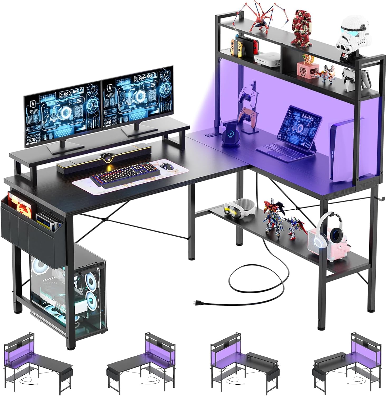 Detalle de iSunirm L Shaped Gaming Desk with Power Outlets & LED Lights