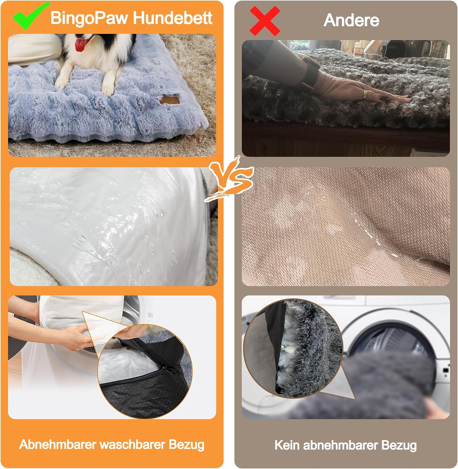 Detalle 2 de BingoPaw Hundebett mittelgroße Hunde (76x51x10 cm) – waschbar, wasserdicht, abnehmbar & rutschfest in Grau