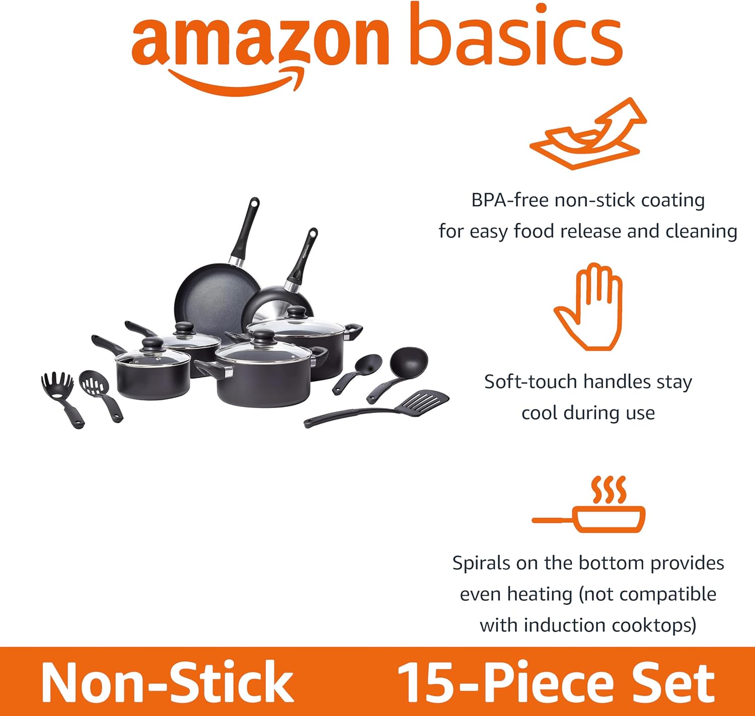 Detalle 2 de Amazon Basics 15-elementowy zestaw naczyń kuchennych z powłoką nieprzywierającą, czarny