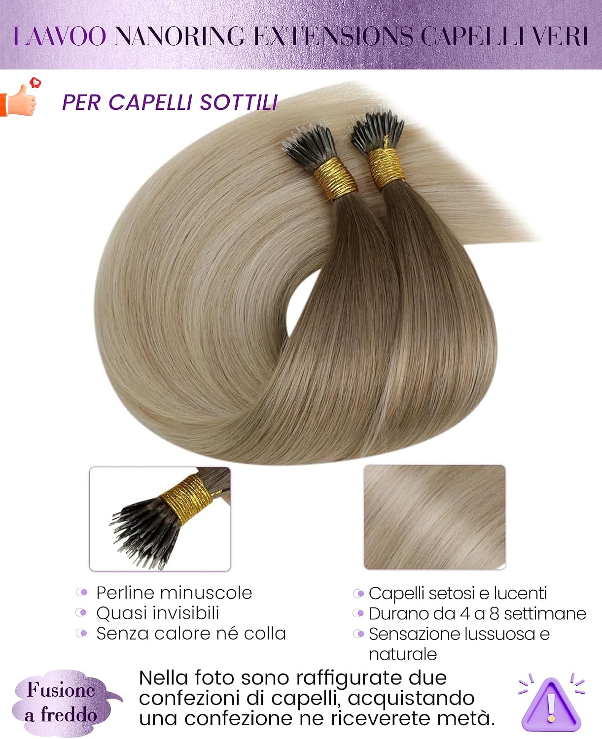 Thumbnail 1 de LaaVoo Nano Ring Extension Capelli Veri 60 cm Balayage: texture liscia e fusione discreta