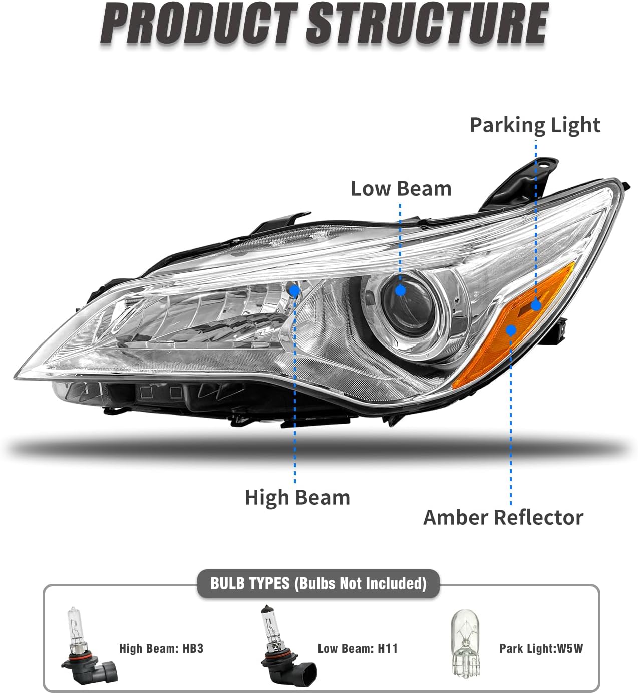 Thumbnail 3 de ADCARLIGHTS 2015-2017 Toyota Camry Headlight Assembly (Left & Right) Chrome Housing Pair — W/O Bulbs