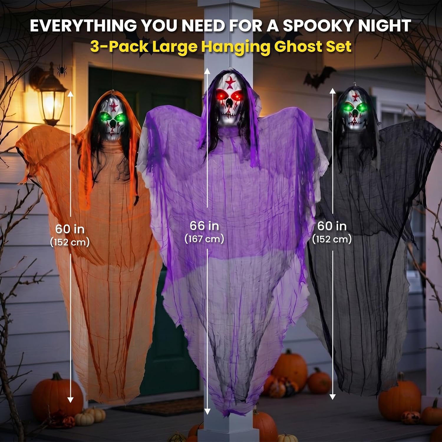 Detalle 2 de BCLGSHINE BCL267001 3-Pack Lighted Hanging Skeleton Ghosts, Red & Green Eyes