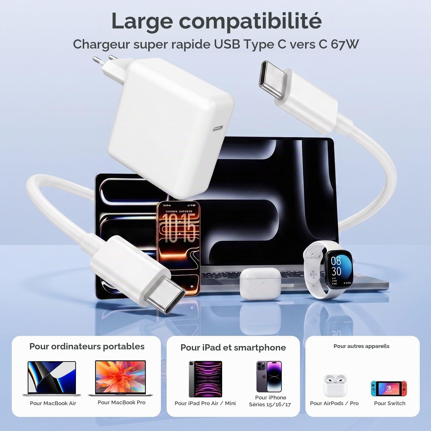 Thumbnail 6 de Shunapse 67W USB-C-oplader voor MacBook met inklapbare stekker en kabel van 2 m