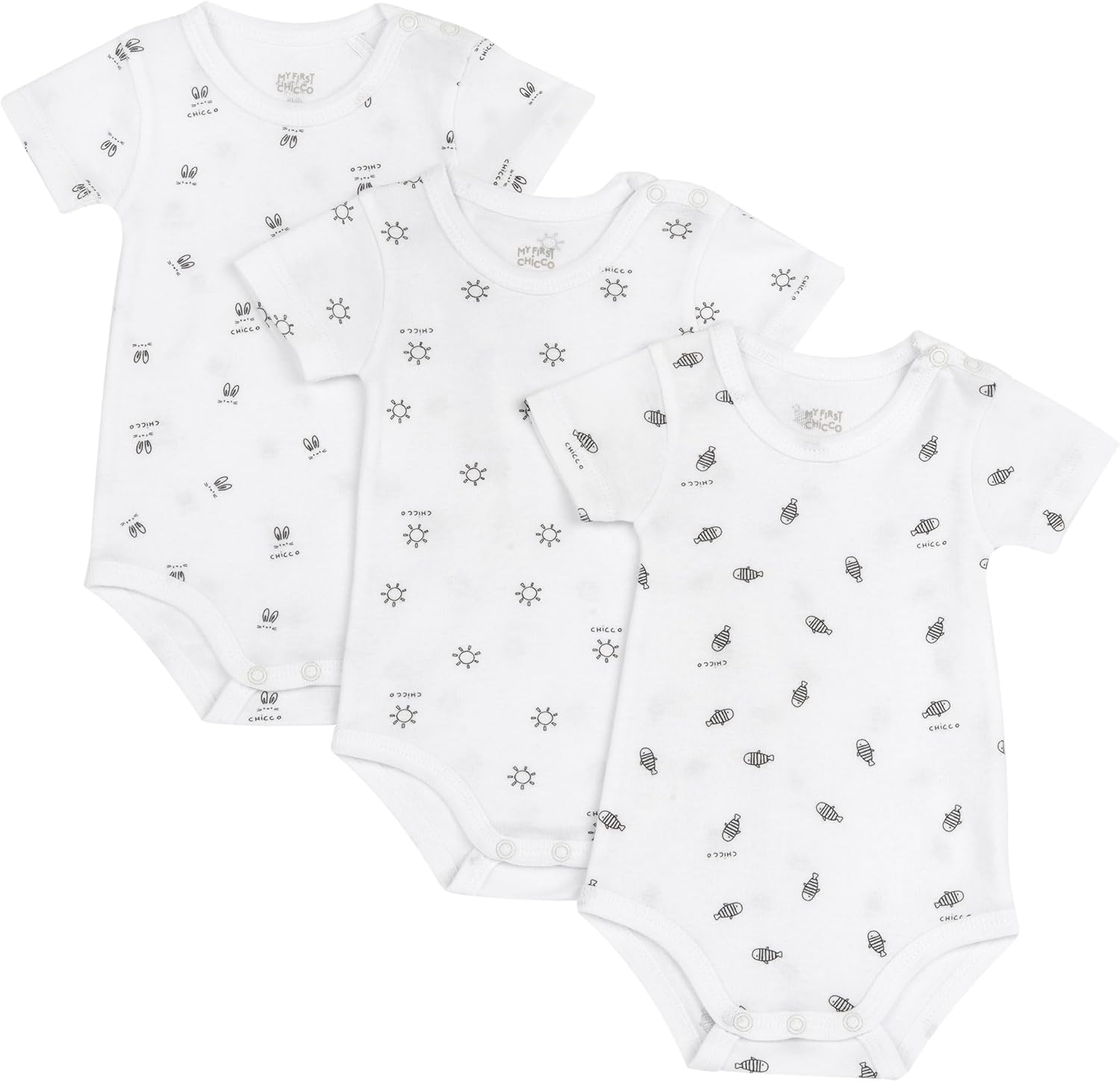 Detalle de Chicco Body Neonato e Neonata – Set di 3 body cotone con maniche corte, fantasia orsetti/sole/pesciolini