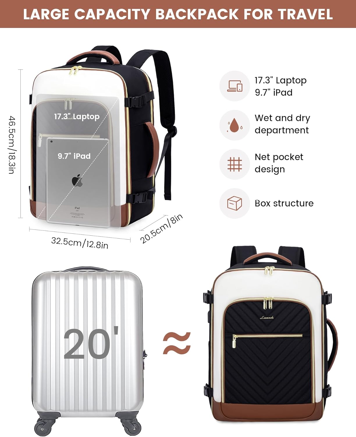 Detalle de LOVEVOOK Handgepäck-Rucksack 40L mit Laptopfach (bis 17,3") – Damen-Reiserucksack für Cabin Luggage
