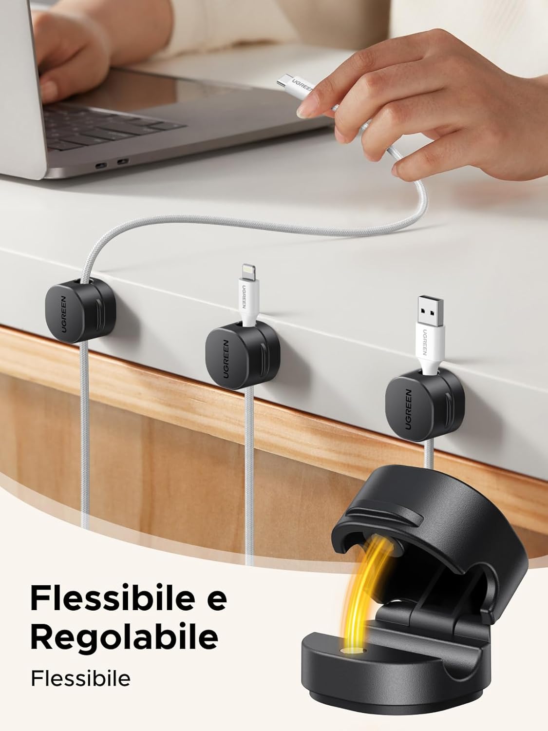 Thumbnail 1 de UGREEN Set da 6 clip per cavi magnetiche con rotazione 91° e adesivo senza residui (7,5 mm) – Nero