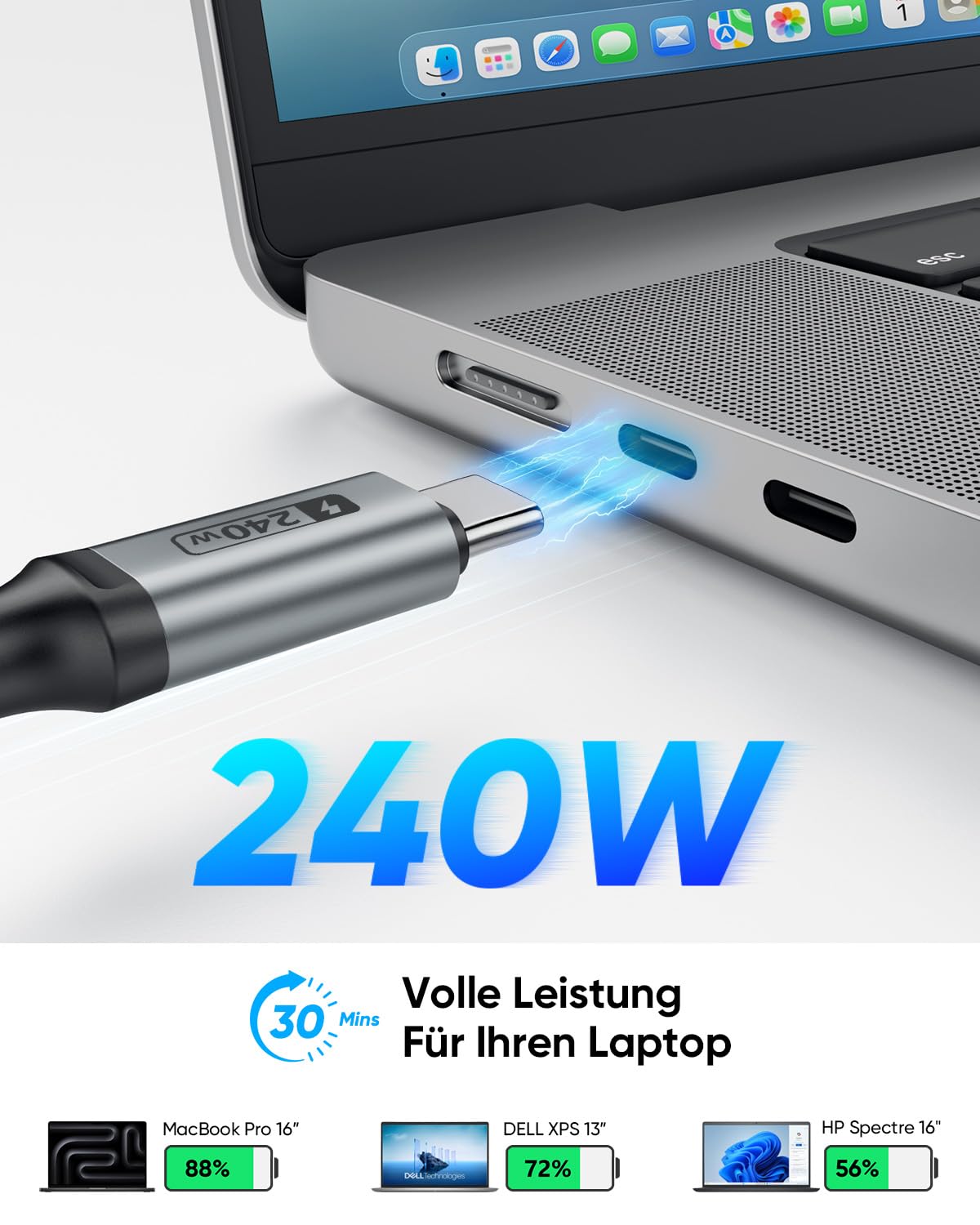 Detalle de SUNGUY USB-C auf USB-C Kabel 0,3 m im 2er-Pack – 240 W Schnellladekabel, Grau