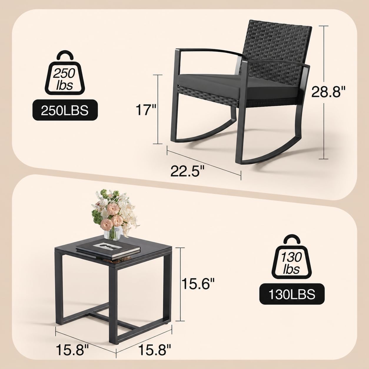 Detalle 2 de Qsun WR210-BK 3-Piece Patio Furniture Set with Rocking Chairs and Glass Table