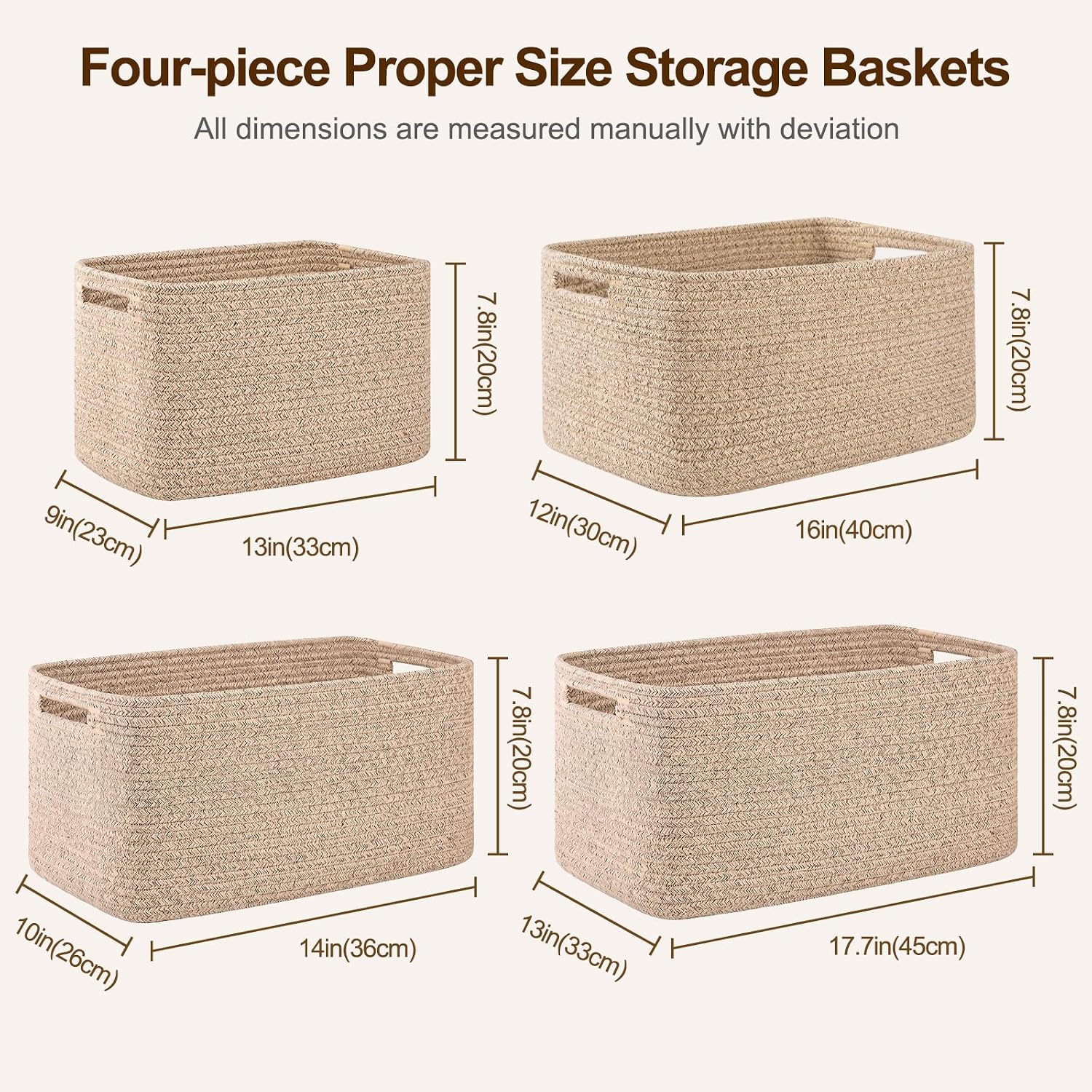 Detalle de OIAHOMY 4-Pack Cotton Rope Storage Baskets, Brown, 17.7 x 13 x 7.8 Inches
