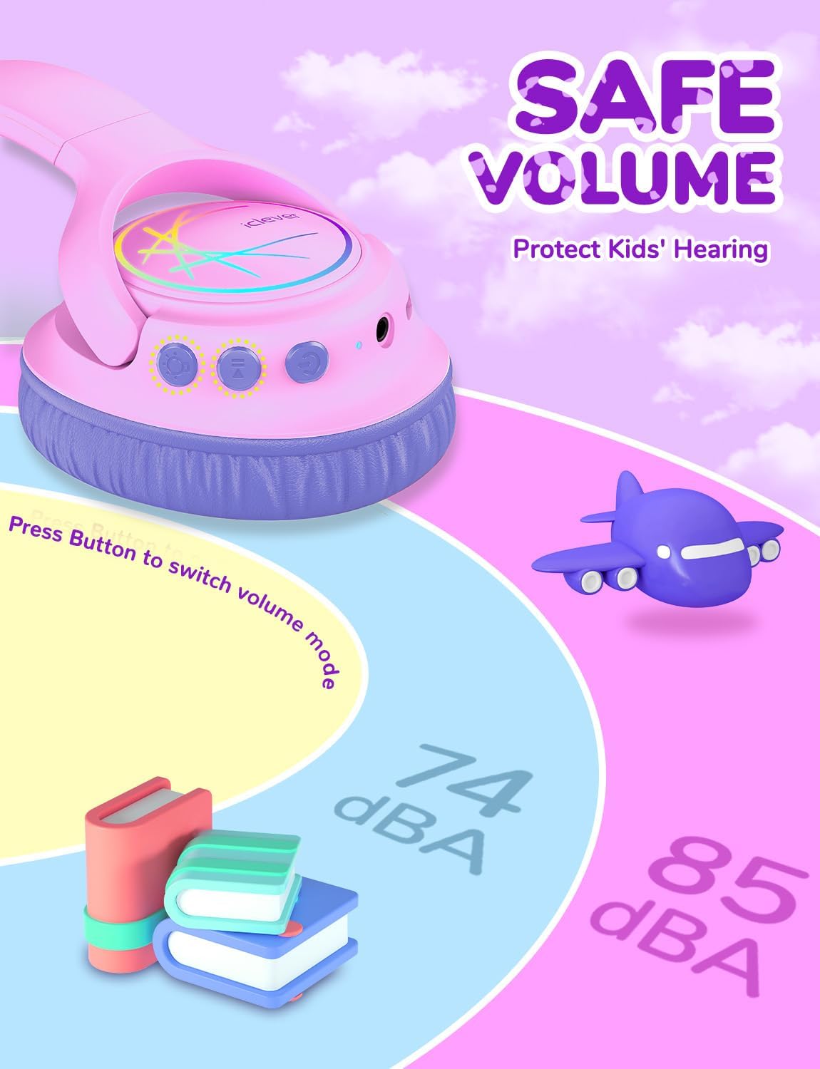 Thumbnail 1 de iClever Bluetooth-Kinderkopfhörer mit LED-Licht, 74/85 dBA Lautstärkebegrenzung & 43 Std. Spielzeit (Type-C, AUX) – Rosa lila