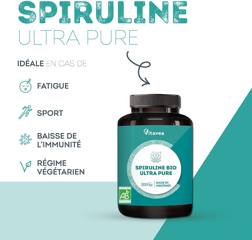 Detalle de Spiruline BIO Ultra Pure 1500 mg – Sans Excipients, 200 comprimés – Vegan, Fabriquée en France