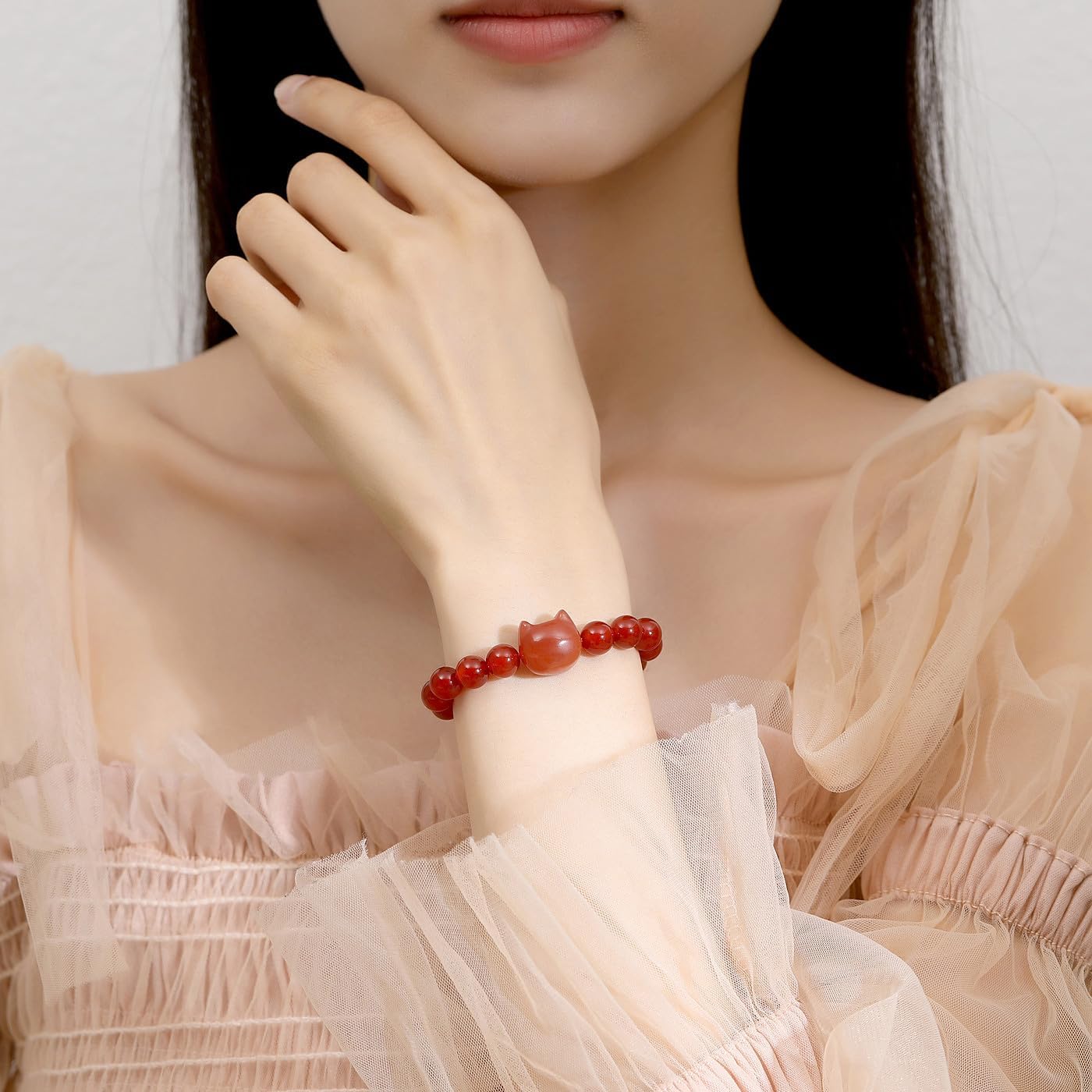 Detalle de XIANNVXI Katzen Armband Damen – Kristallkarneol 8 mm, elastisch, Glücksvögeleinspiriertes Katzenmuster