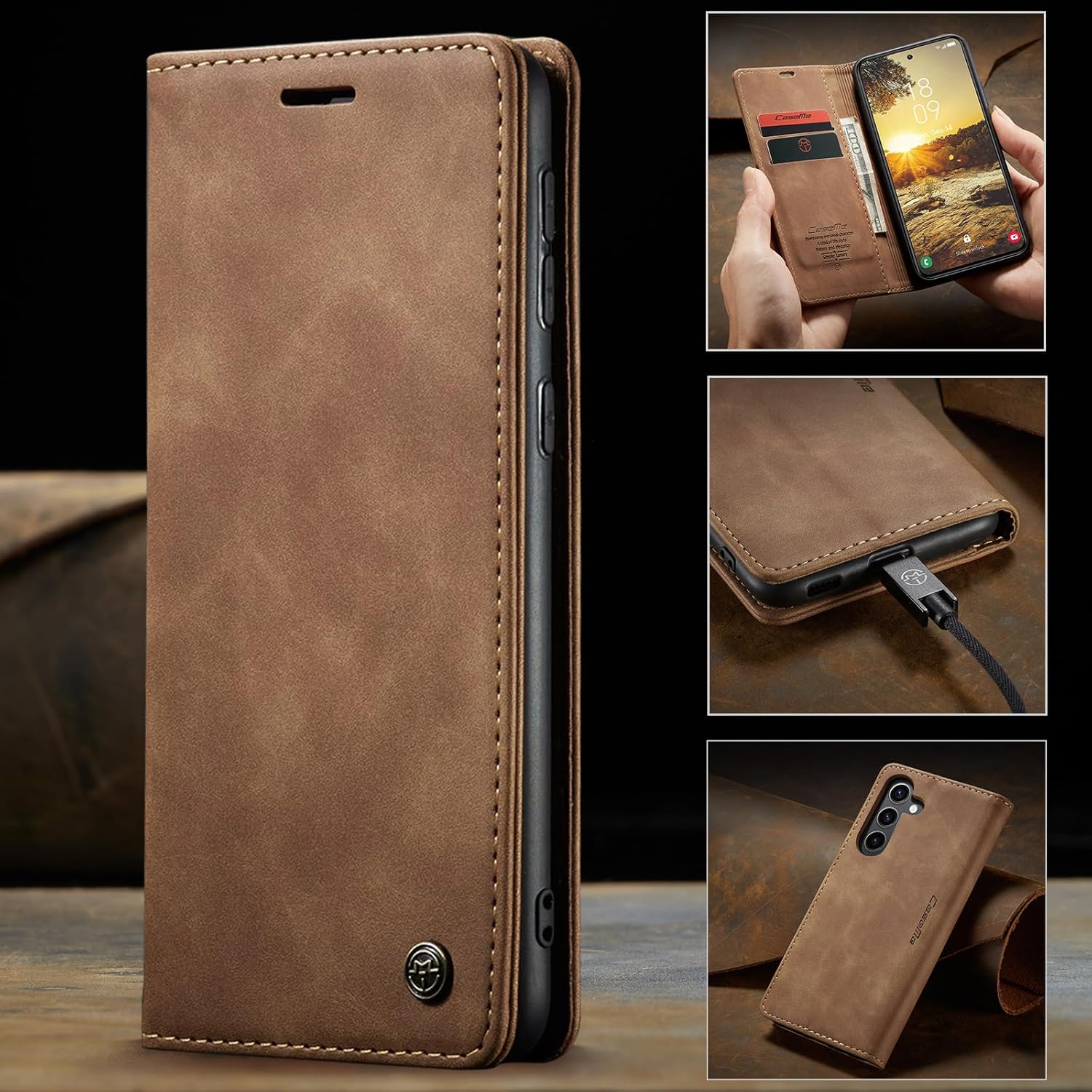 Detalle de Monweicz Flip-Case Hülle für Samsung Galaxy S24 – Premium Leder, Kartenfach & Standfunktion in Braun