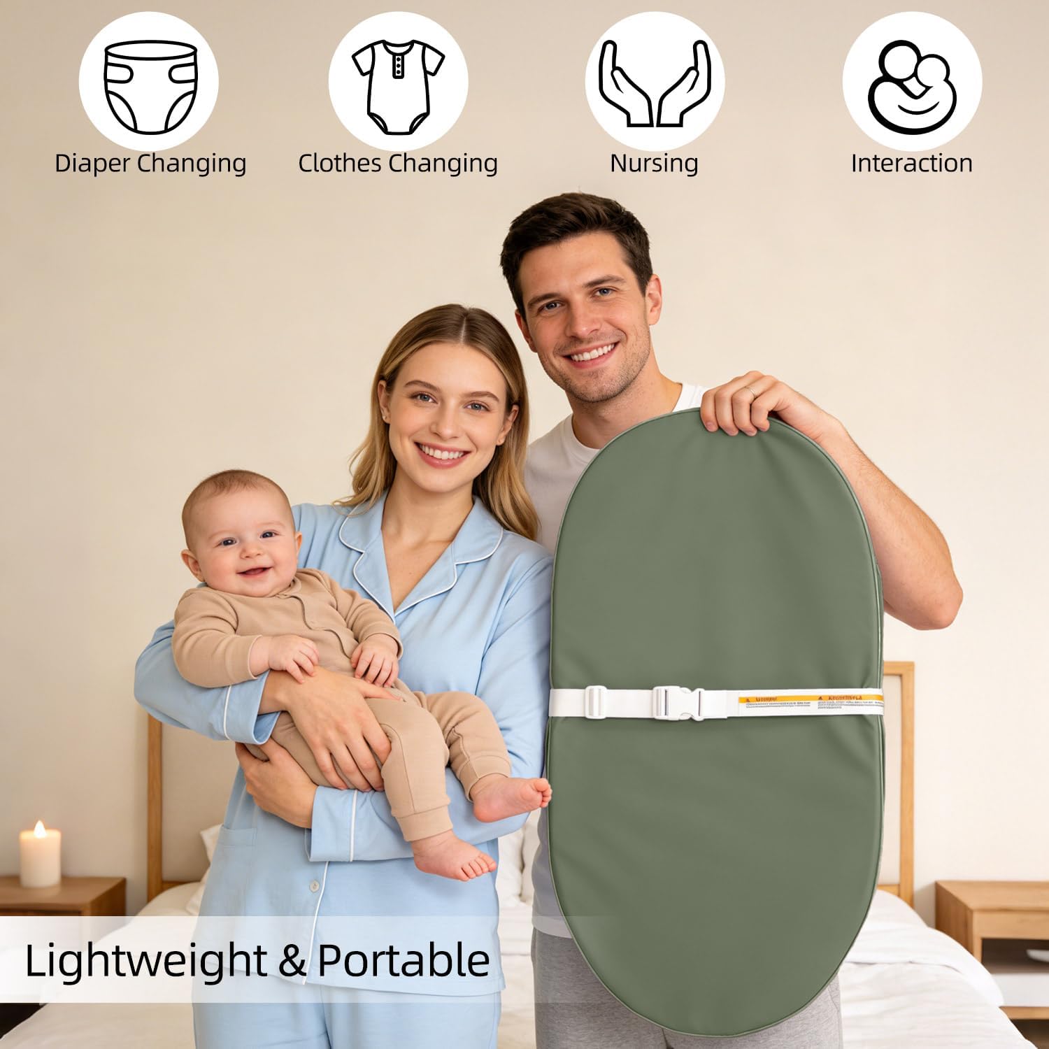 Thumbnail 6 de JVEOO Waterproof Vegan Leather Baby Changing Pad, Dark Green, Wipeable with Safety Strap