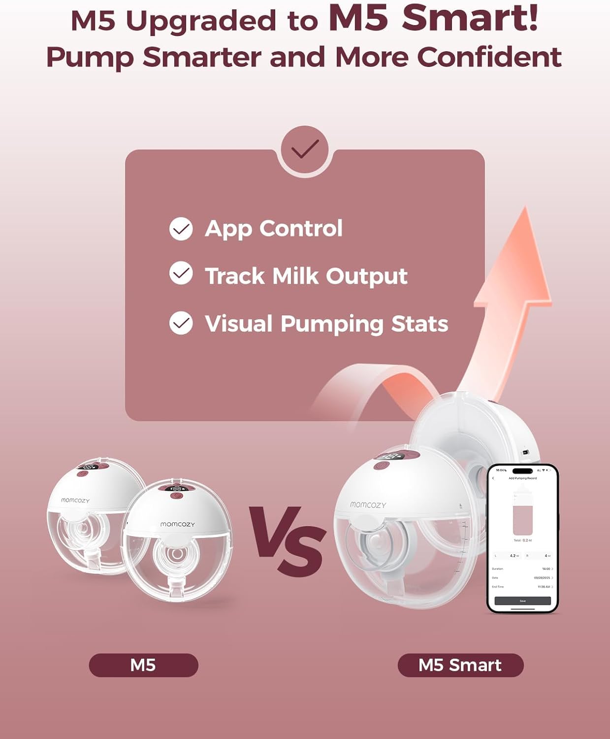 Detalle de Momcozy M5 Smart Breast Pump: APP‑Controlled, Wearable, Hands‑Free in Cozy Red
