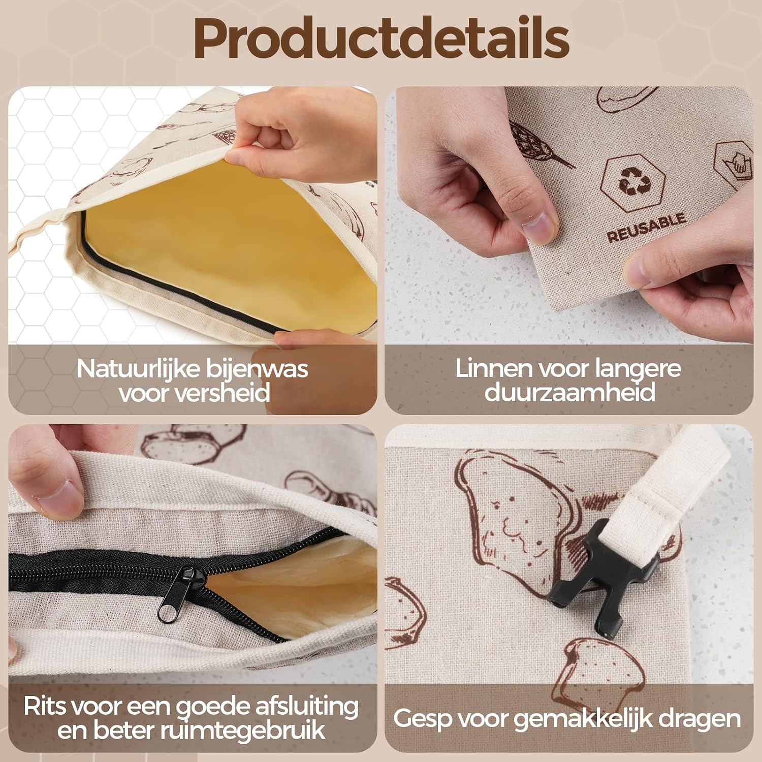 Detalle de YARRAMATE YM-AU-BRB-BBS-Z1 broodzakken van linnen met bijenwasvoering, 2-pack