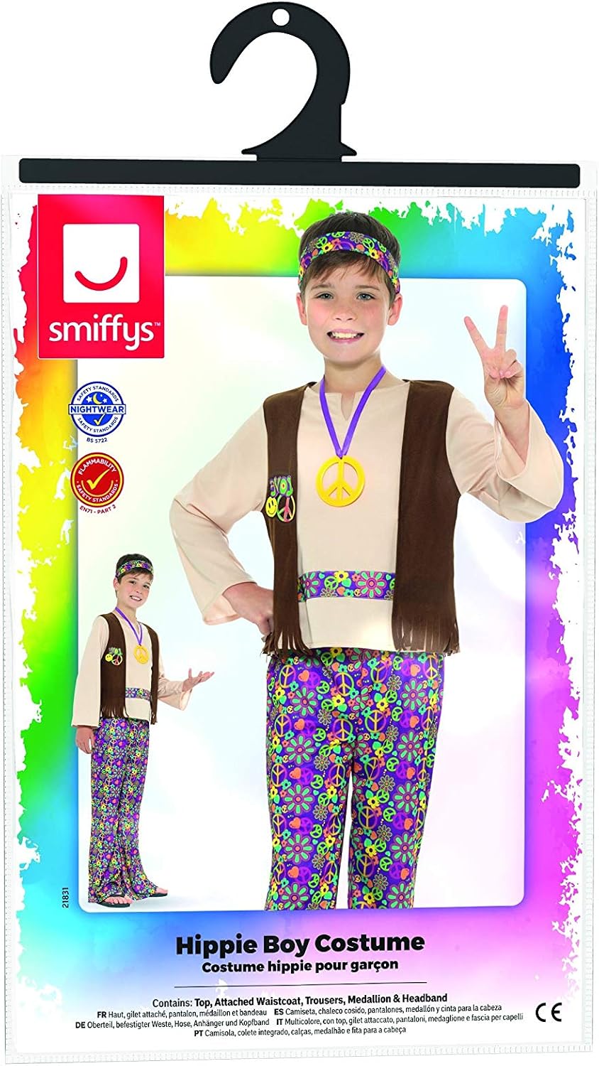 Detalle 2 de Smiffys Hippie Boy Kostüm - Kinder Größe M (7–9 Jahre) mit Oberteil, Weste, Hose, Medaillon & Stirnband