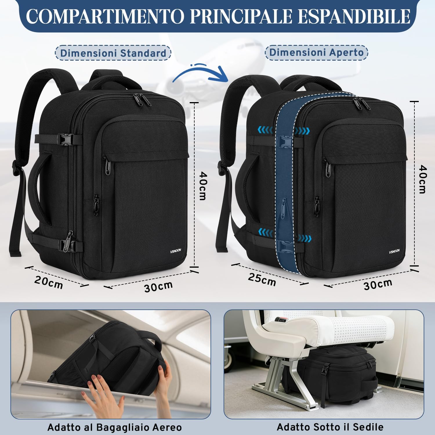 Thumbnail 2 de VSNOON Zaino da Viaggio Estendibile 40x30x20 cm, 24–30 L, Tasche e Laptop 15", Nero
