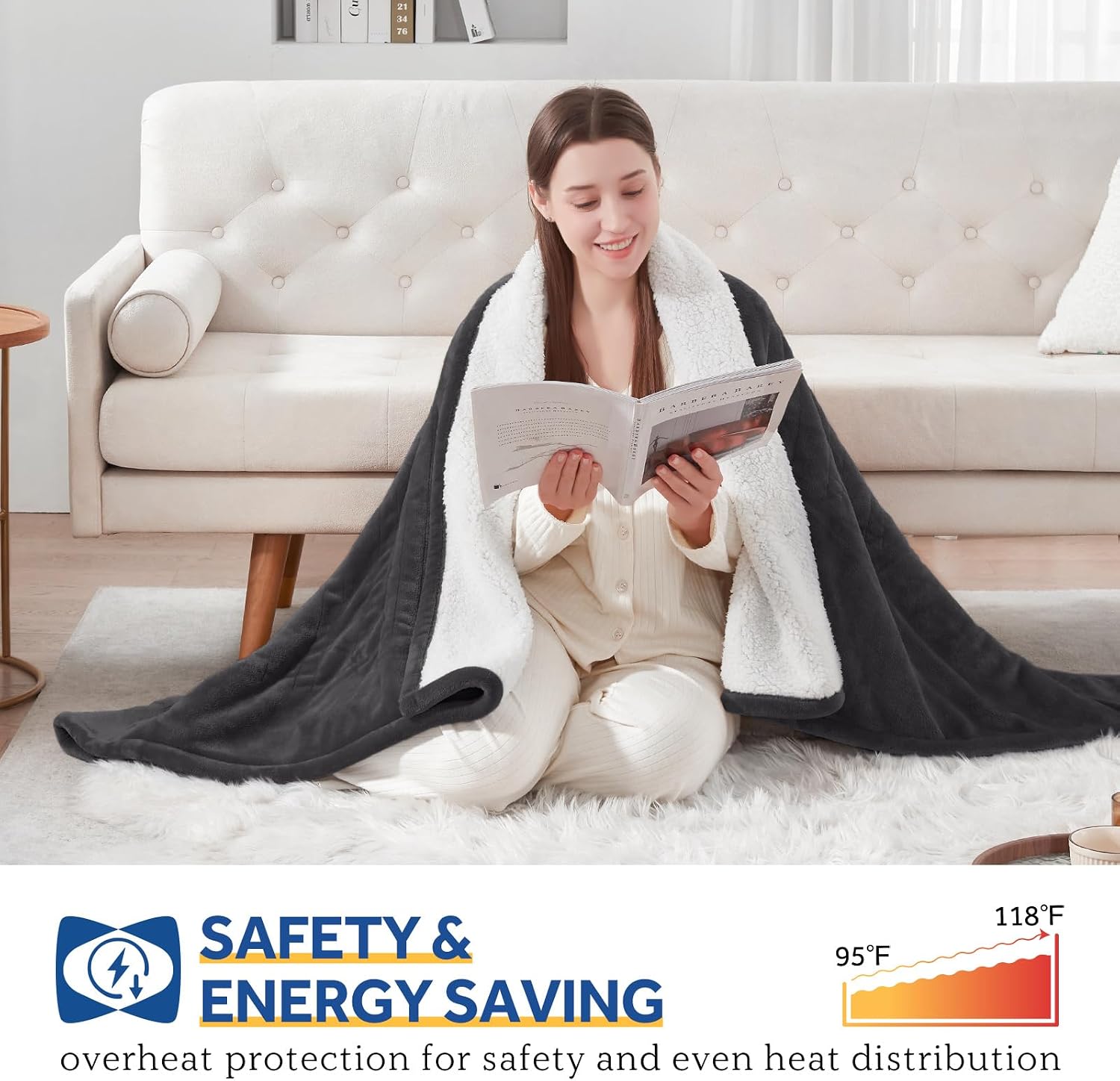 Detalle 2 de Sealy KTHT-QBHVS-W Heated Throw Blanket, Flannel and Sherpa, 6 Heat Levels