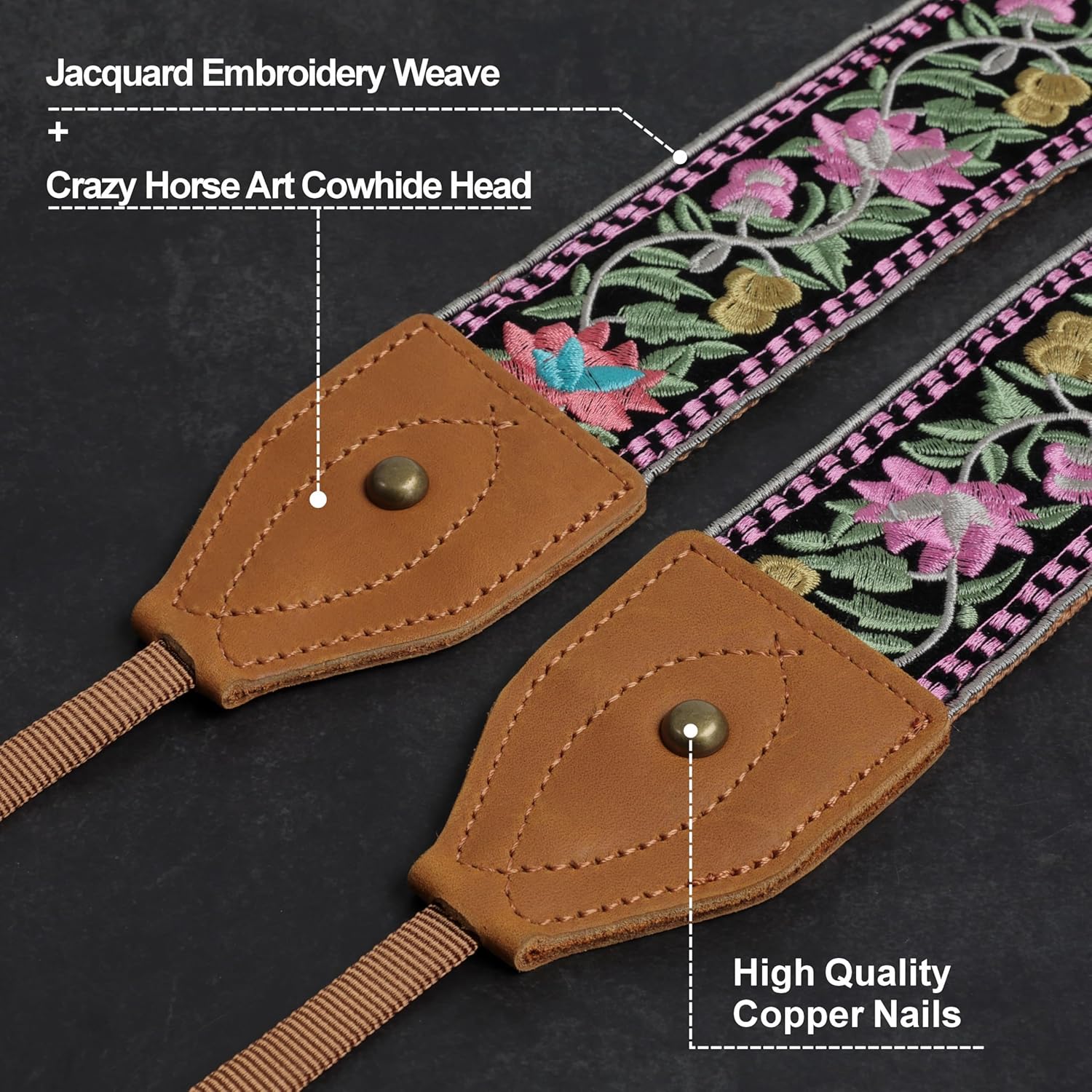 Detalle 2 de Padwa Lifestyle Embroidered Flower Camera Strap – 2" Wide, Vintage Cowhide, Comfortable and Universal