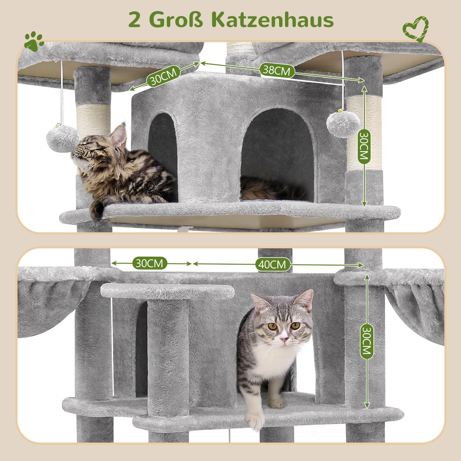 Detalle de Globlazer Kratzbaum Große hoch 204 cm mit 3 gepolsterten Sitzstangen, 2 Katzenhäuser, 2 Körbe, Hängematte – stabiler Luxus-Kratzbaum für 3–5 Katzen
