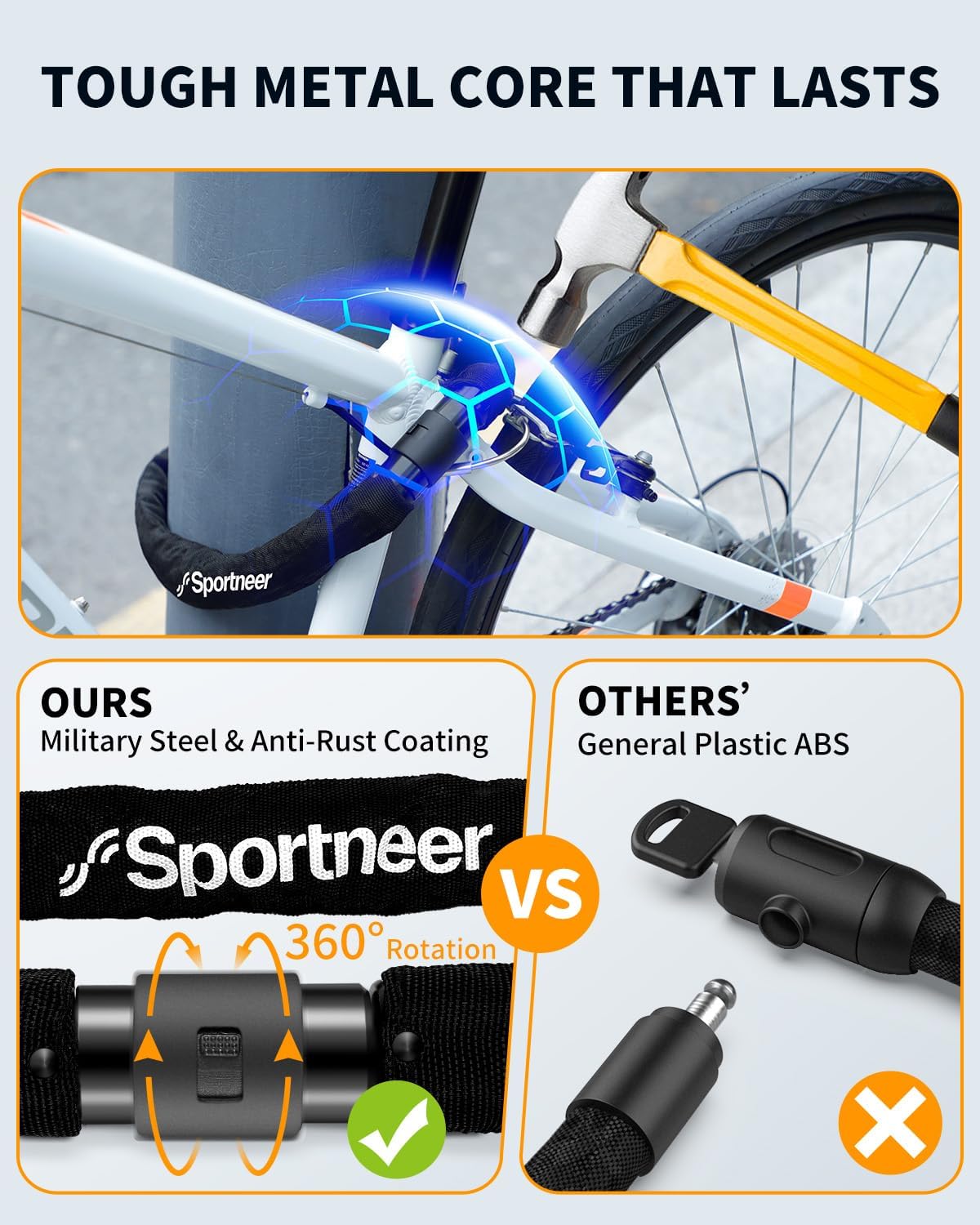 Detalle de Sportneer lucchetto a catena per bici in acciaio temprato con 2 chiavi, 8 mm x 120 cm