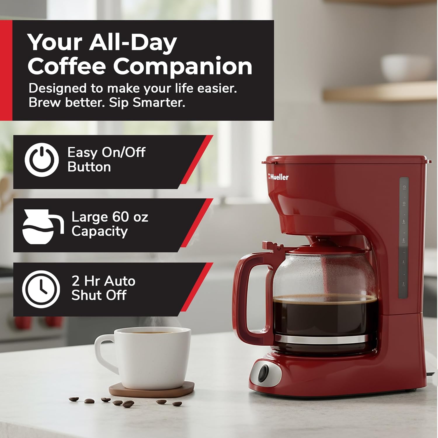Detalle de MUELLER HOME 12-Cup Red Coffee Maker: Large-Batch Brew, Reusable Filter, and Keep-Warm