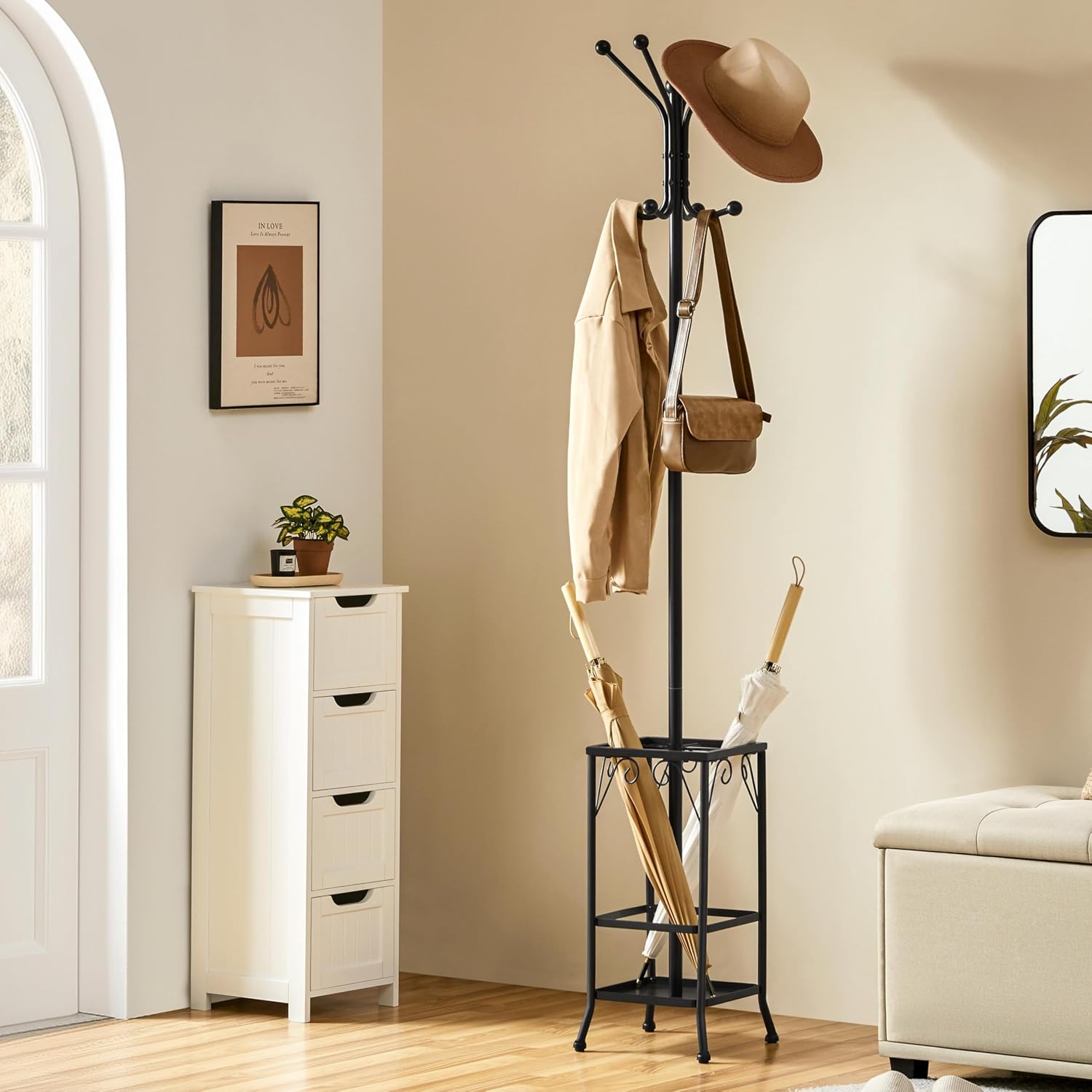Thumbnail 2 de Yaheetech 186 cm Metal Coat Stand with 8 Hooks, Umbrella Holder and Solid Base – Free Standing Black