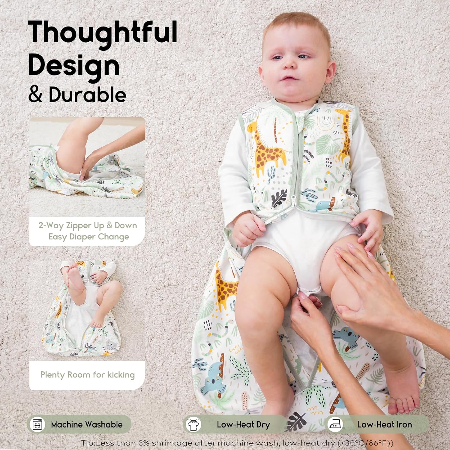 Detalle de Yoofoss Baby Schlafsack Sommer 0,5 Tog – 84 cm, Bio-Baumwolle, GOTS, Giraffe