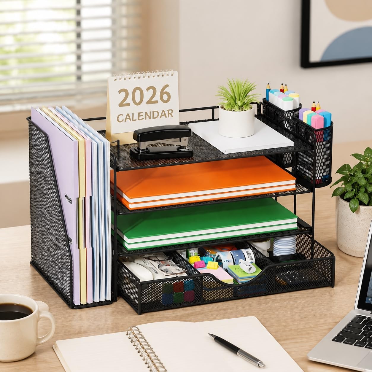 Thumbnail 6 de Quhombo Desk Organiser with File Holder – 4-Tier Mesh Office Storage (Black)