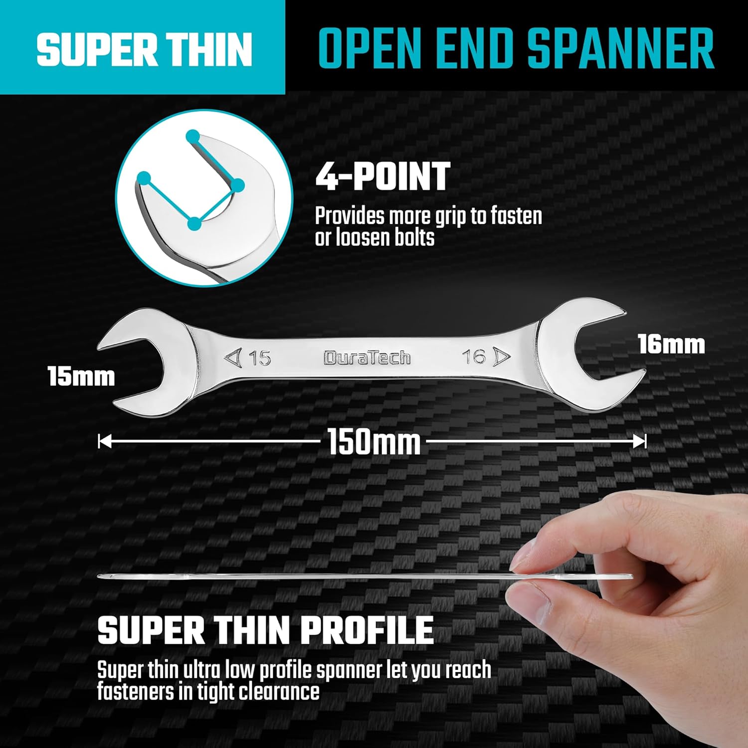 Thumbnail 3 de DURATECH Chiave a Bocca Aperta Doppia 15x16 mm – 150 mm, 3 mm sottile, acciaio al carbonio cromata