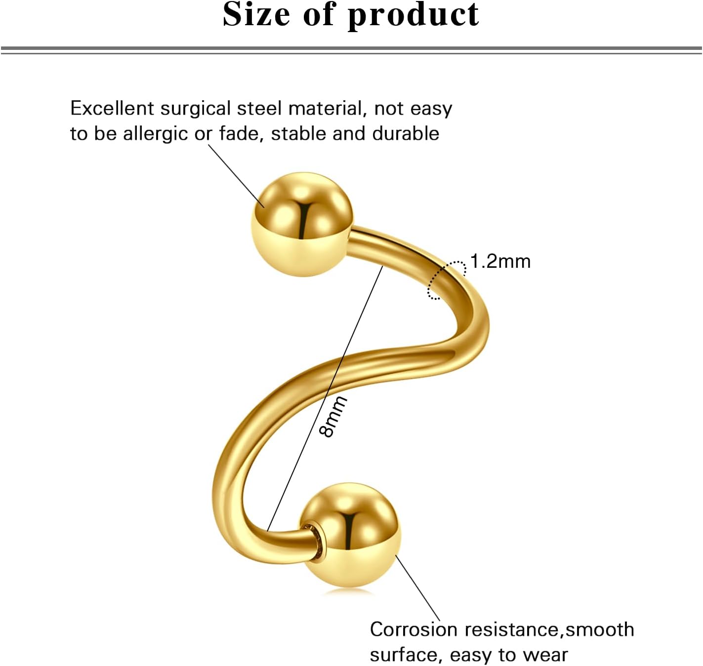 Detalle de AceFun Ohr Helix Tragus Piercing Knorpel Creolen – 4 Paare aus Edelstahl, 1,2 mm Gauge, 6/8 mm Stangen