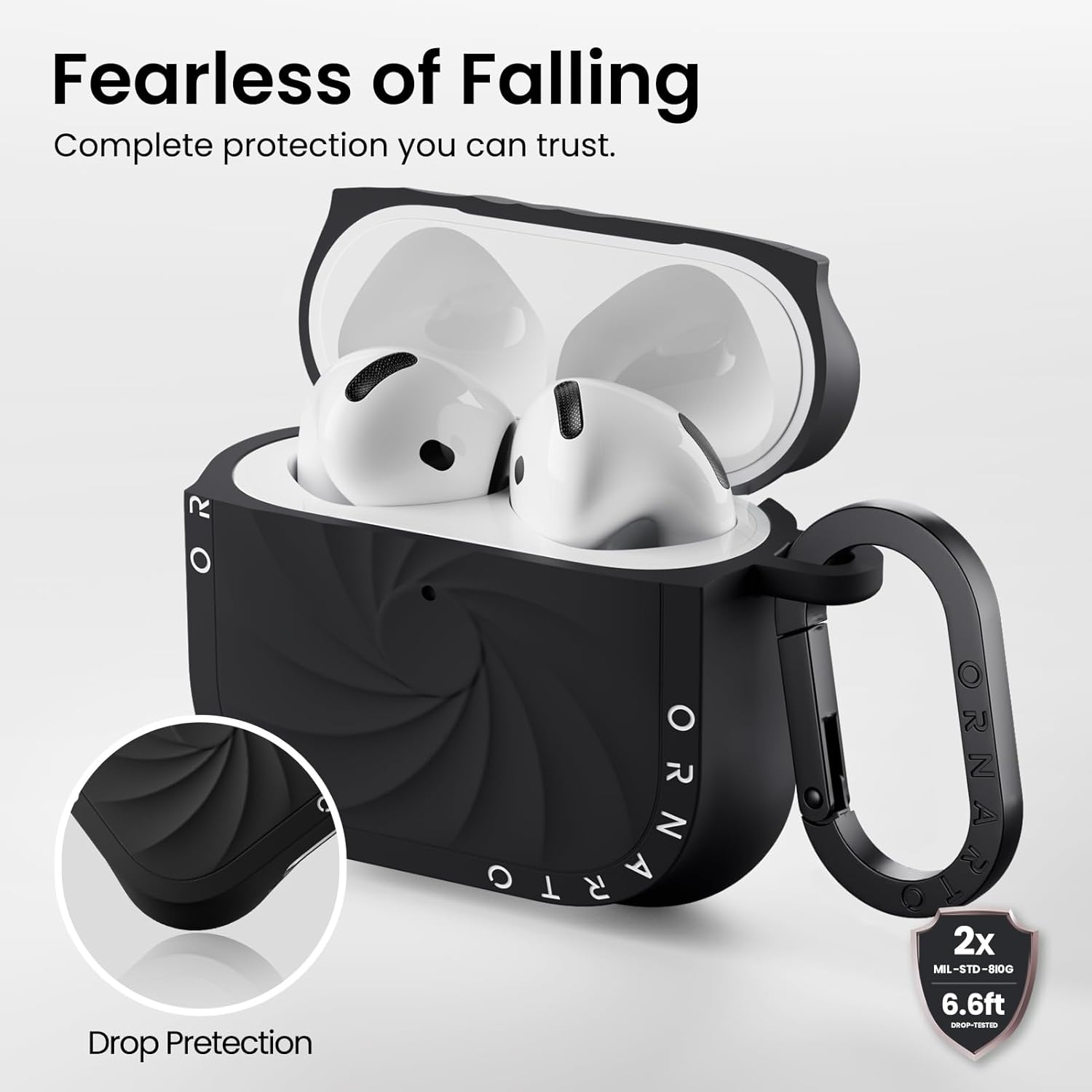 Detalle de ORNARTO Vortuxe Coque en Silicone Liquide pour AirPods 4 (2024) — Protection Militaire 2X MIL-STD, LED Visible, Mousqueton, Noir