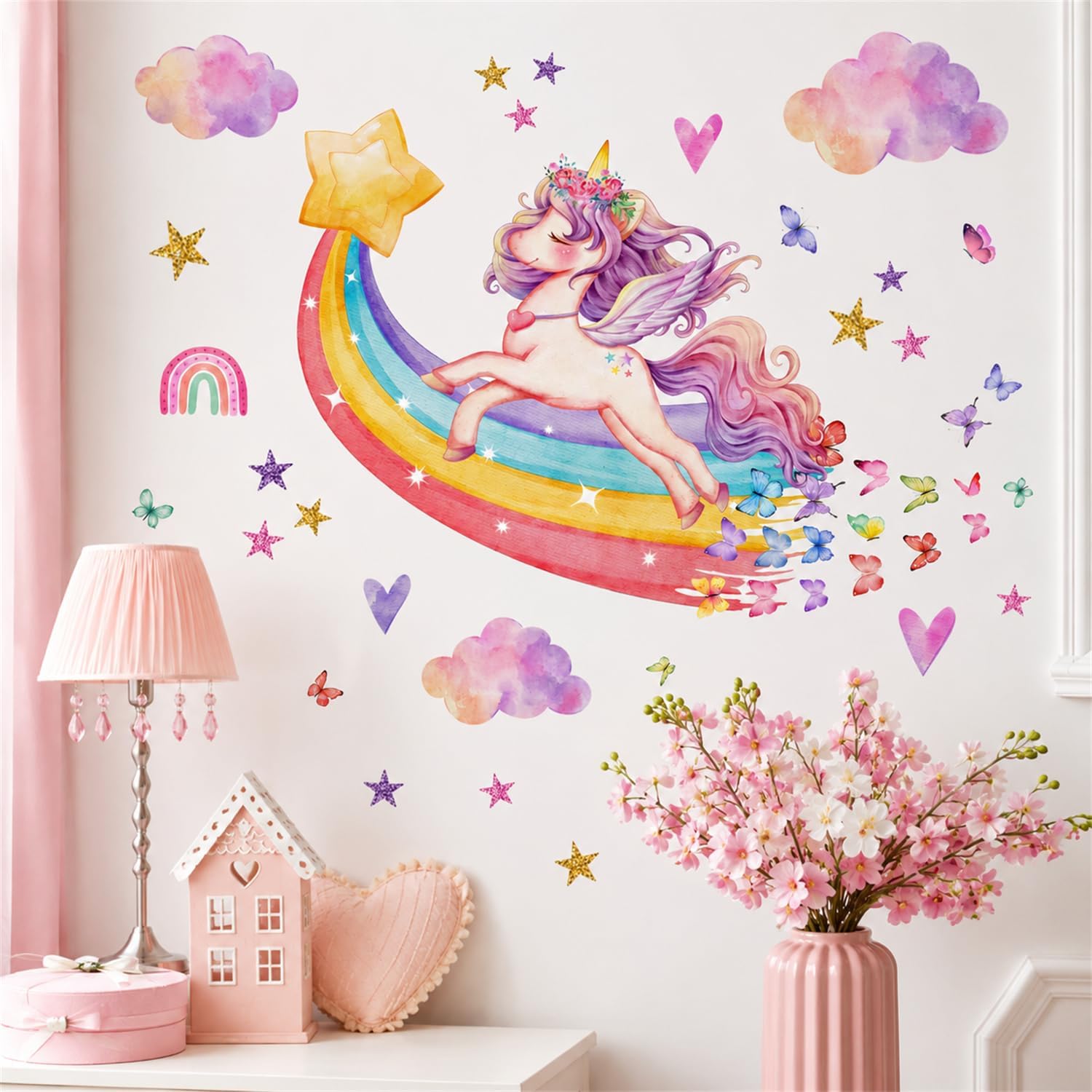 Detalle de Unicorn Rainbow Wall Stickers for Girls' Room — Peel & Stick Vinyl Decals in Gift Box