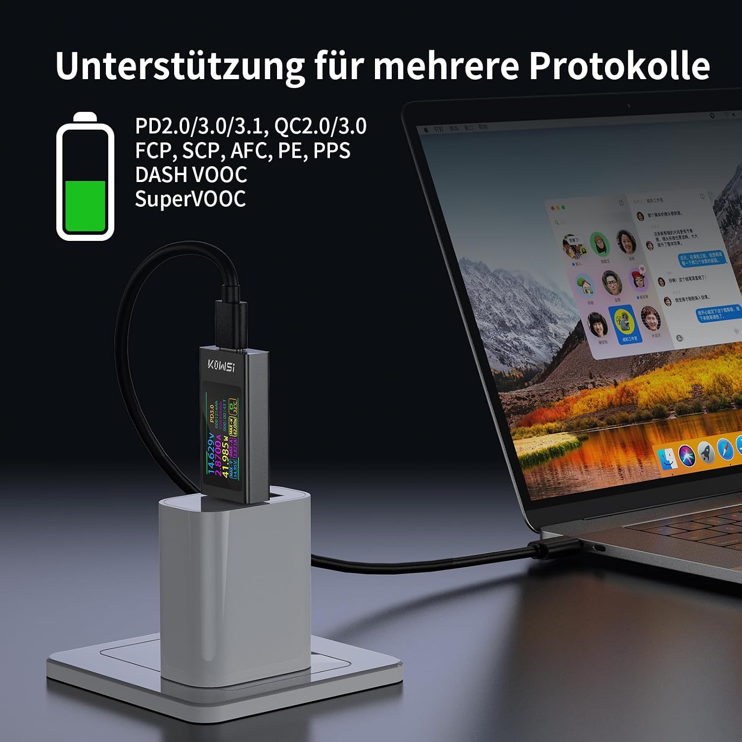 Detalle de YEREADW USB-C Tester Messgerät mit Anzeige für Schnellladeprotokolle (3,3–50 V, bis 12 A)