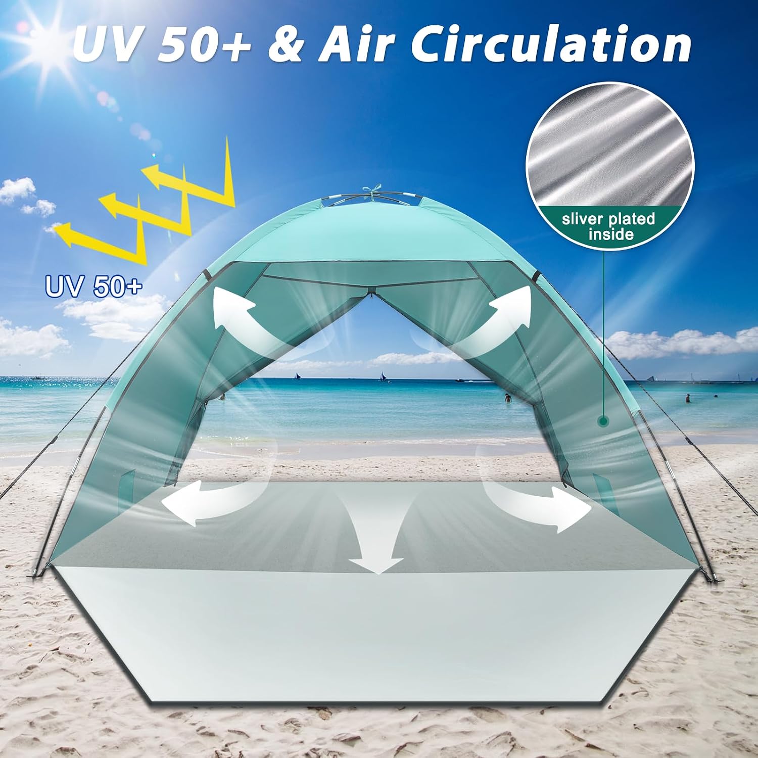 Thumbnail 3 de Beach Tent 3-4 Person Portable UV Shielding Beach Camping Tent with Extended Porch