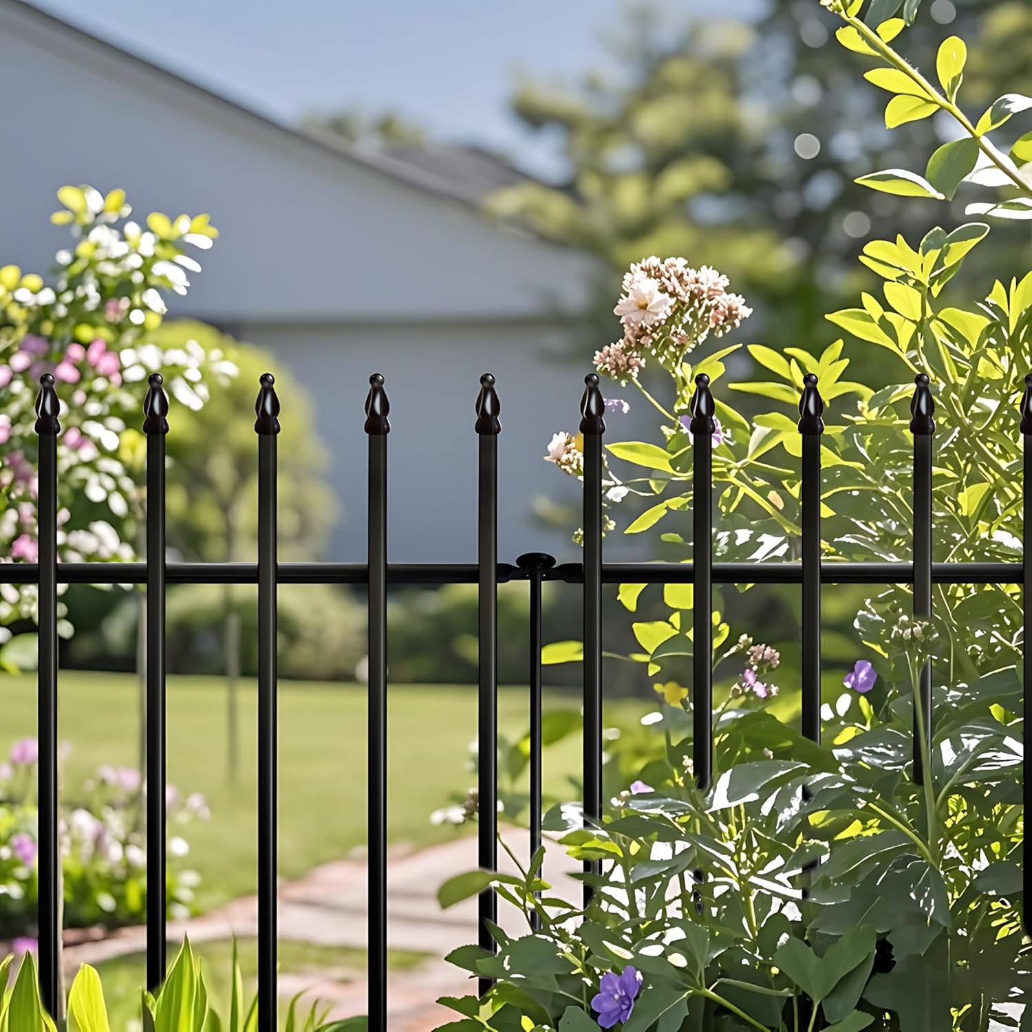 Detalle de Thealyn Metal Garden Fence Decorative 71cm High x 56cm Wide (5 Panels, Total Length 2.75m) – Black