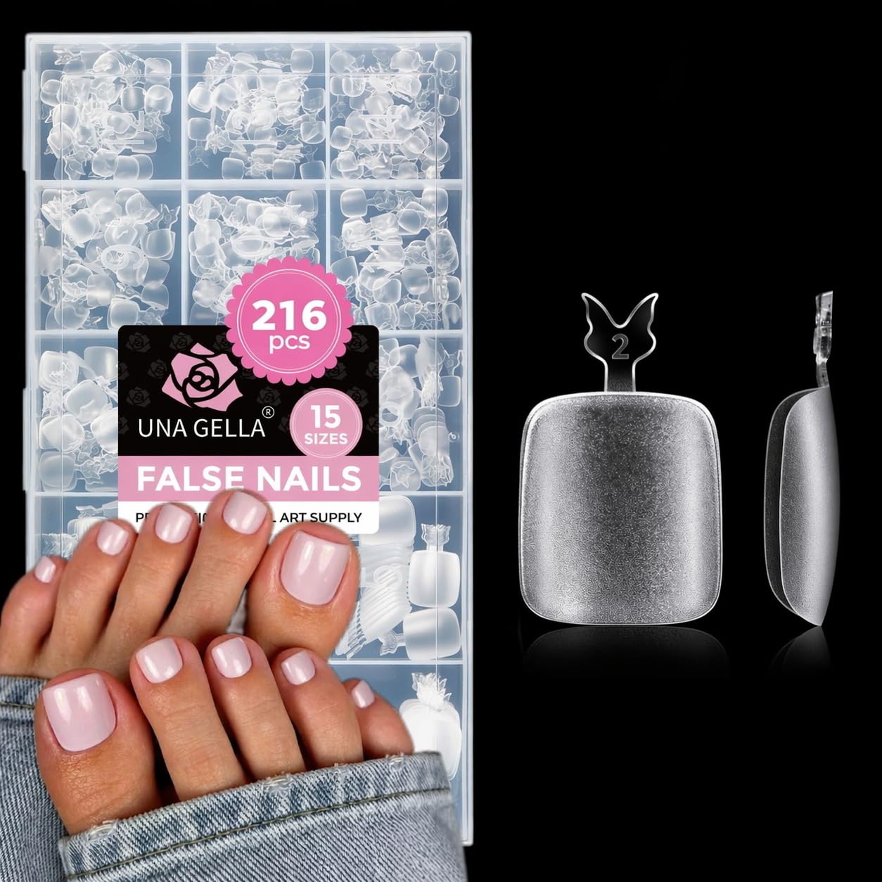 Detalle de UNA GELLA Fußnägel Tips – 216 Stück, 15 Größen, quadratische klare Tipps zum Kleben